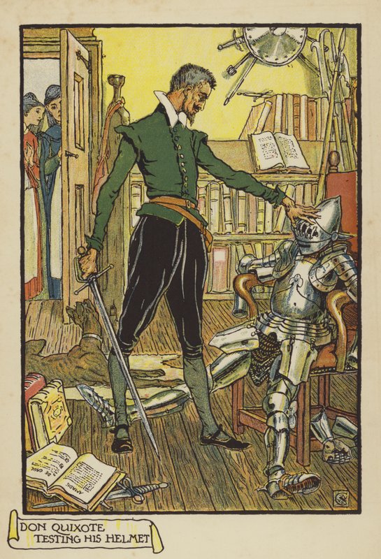 Dom Quixote testando seu capacete de Walter Crane