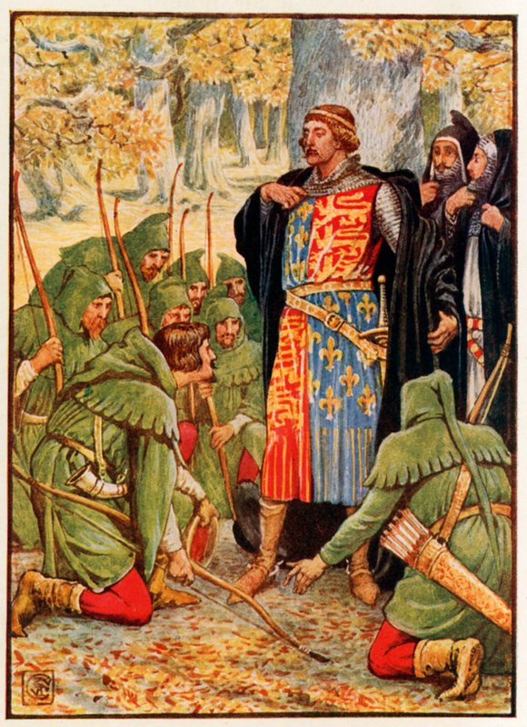 Robin Hood e seus homens se ajoelham para o rei de Walter Crane