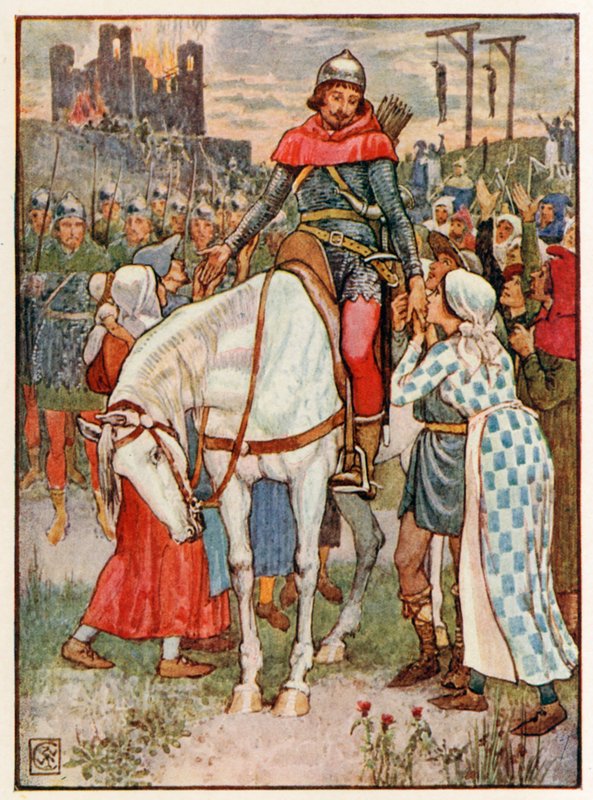 Robin Hood é agradecido pelos camponeses de Walter Crane