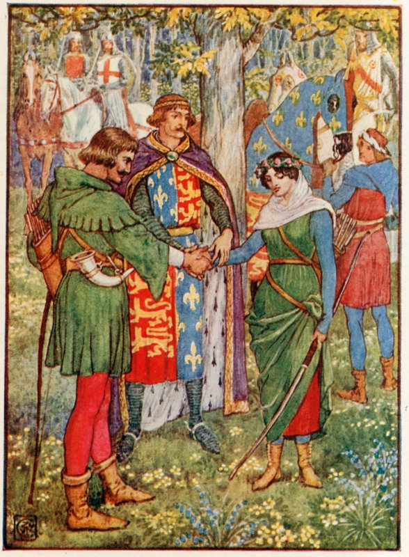 O rei se junta às mãos de Robin Hood e Maid Marian de Walter Crane