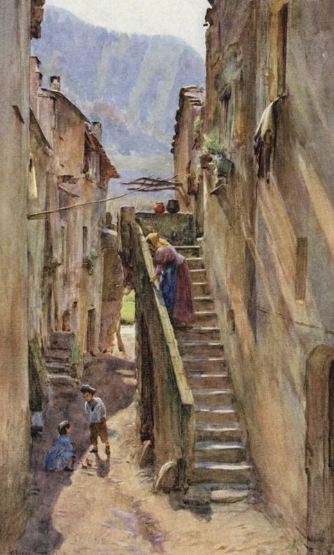 Vicolo del Ponte, Villa Nuova Di Albenga, Itália (cor litho) de Walter Frederick Roofe Tyndale