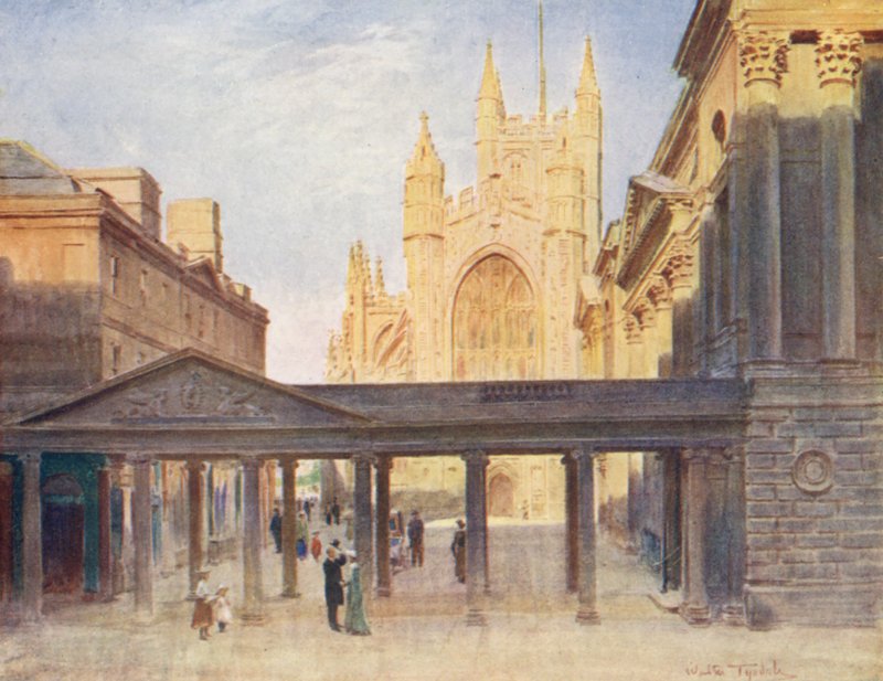 Wessex: A abadia de Bath e a casa das bombas (litografia a cores) de Walter Frederick Roofe Tyndale
