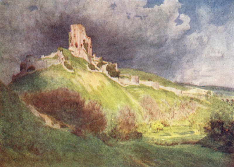 Wessex: Castelo de Corfe, o "Castelo de Corvesgate" da Mão de Ethelberta (litografia a cores) de Walter Frederick Roofe Tyndale