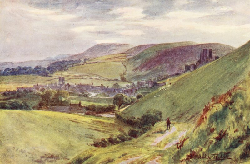 Wessex: Castelo de Corfe a partir de Nine Barrow Down (litografia a cores) de Walter Frederick Roofe Tyndale