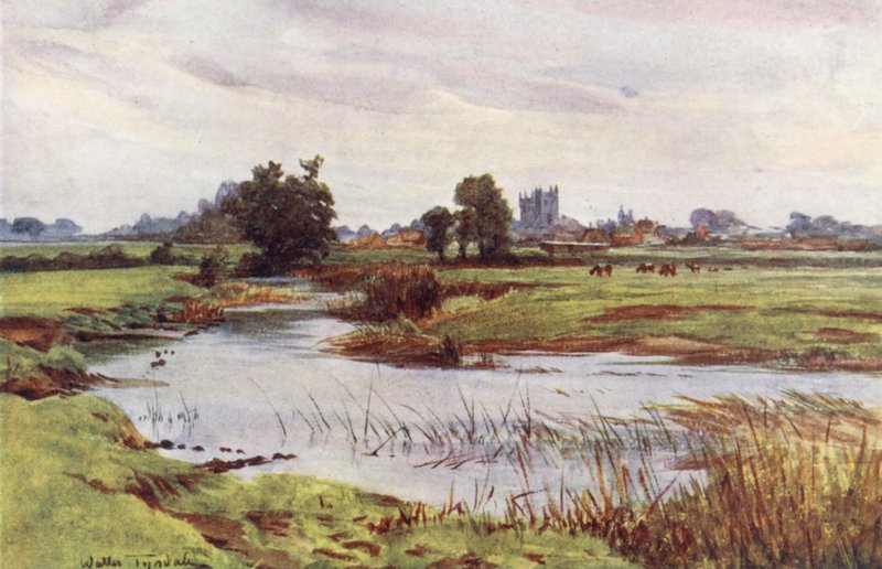 Wessex: The Stour, Wimborne Minster à distância (litografia a cores) de Walter Frederick Roofe Tyndale