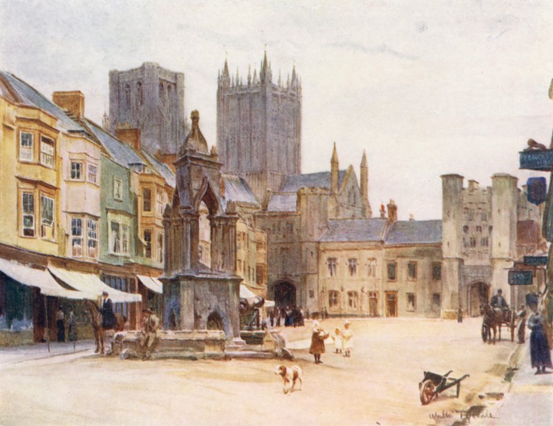 Wessex: A praça do mercado, Wells (litografia a cores) de Walter Frederick Roofe Tyndale