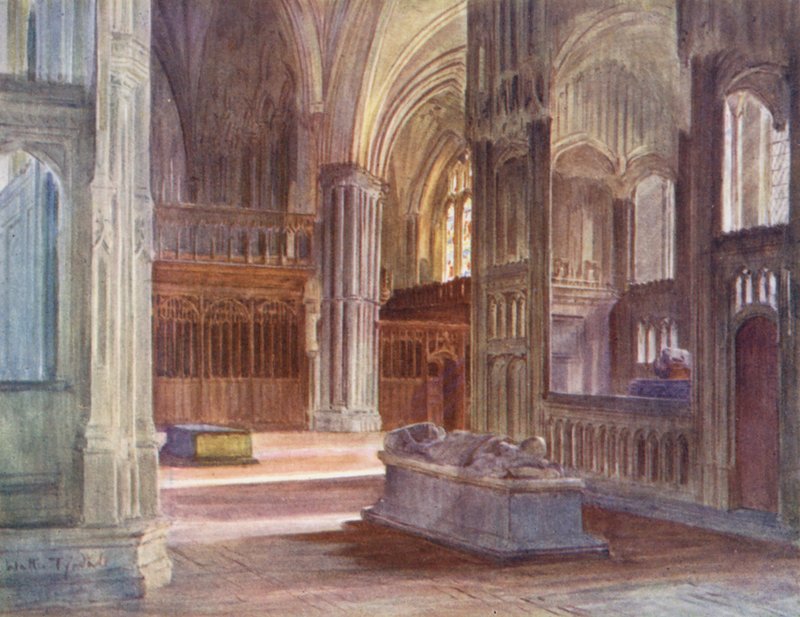Wessex: O coro retro, Winchester Catherdral, com os coros do Cardeal Beaufort e do Bispo Waynflete (litografia a cores) de Walter Frederick Roofe Tyndale