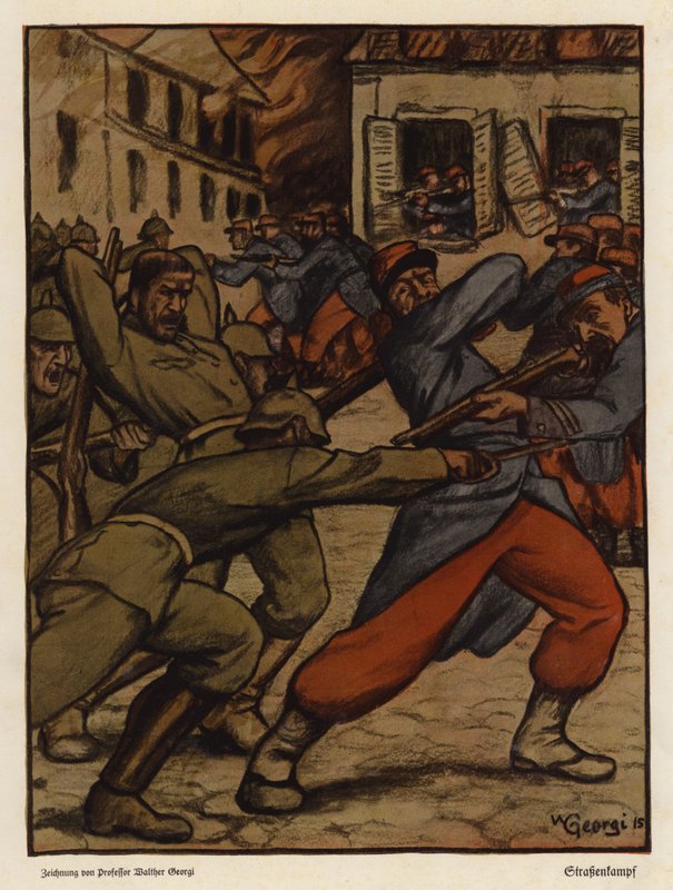 Batalha de rua entre soldados alemães e franceses, Primeira Guerra Mundial (cor litho) de Walter Georgi