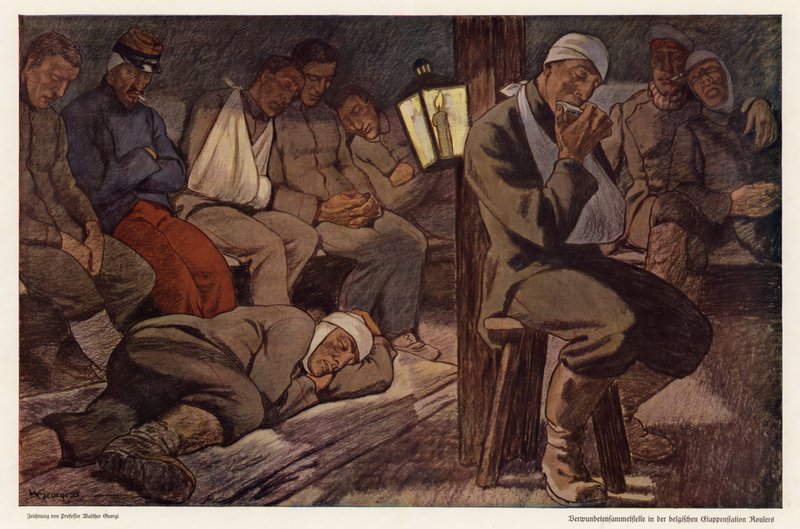 Soldados feridos na estação de compensação de vítimas em Roulers, Bélgica, Primeira Guerra Mundial (lito colorido) de Walter Georgi