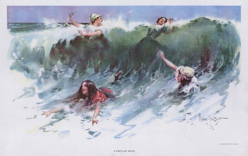 Uma Onda Popular: mulheres a brincar nas ondas à beira-mar (cor litho) de Walter Granville Smith