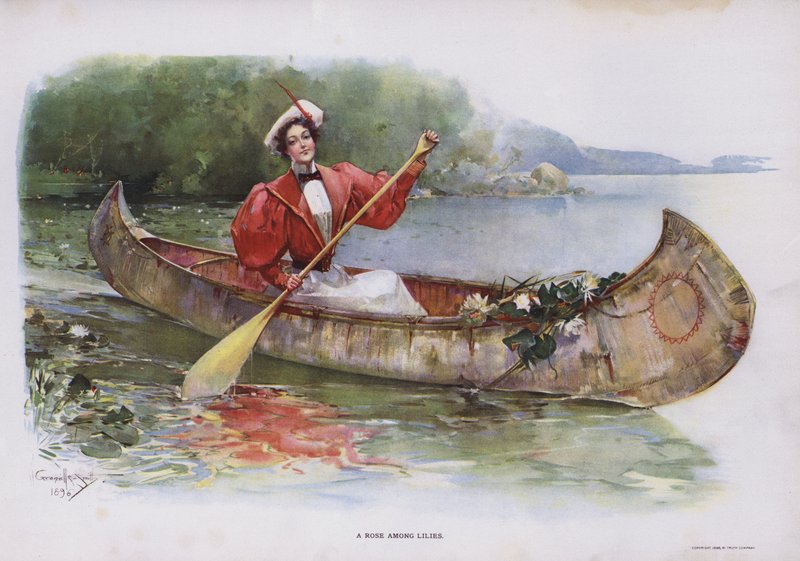 Uma Rosa entre lírios: mulher que recolhe lírios de água de uma canoa (cor litho) de Walter Granville Smith