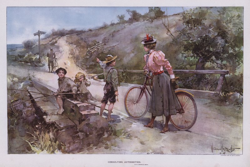 Autoridades Consultivas: mulher para um passeio de bicicleta pedindo orientação a um grupo de crianças (cor litho) de Walter Granville Smith
