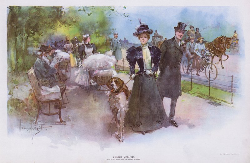 Manhã de Páscoa: mulher a passear com o seu cão de estimação (cor litho) de Walter Granville Smith
