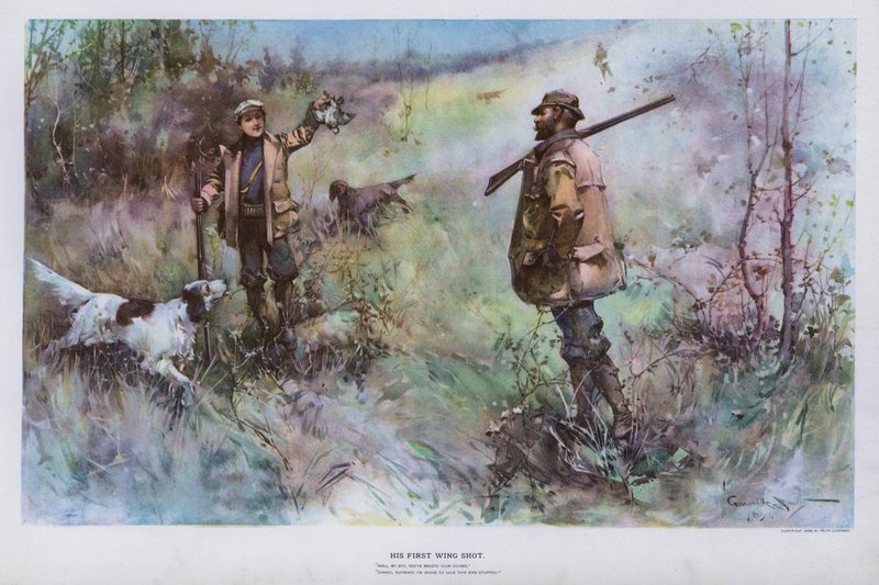Seu primeiro tiro na asa: cena de caça (cor litho) de Walter Granville Smith