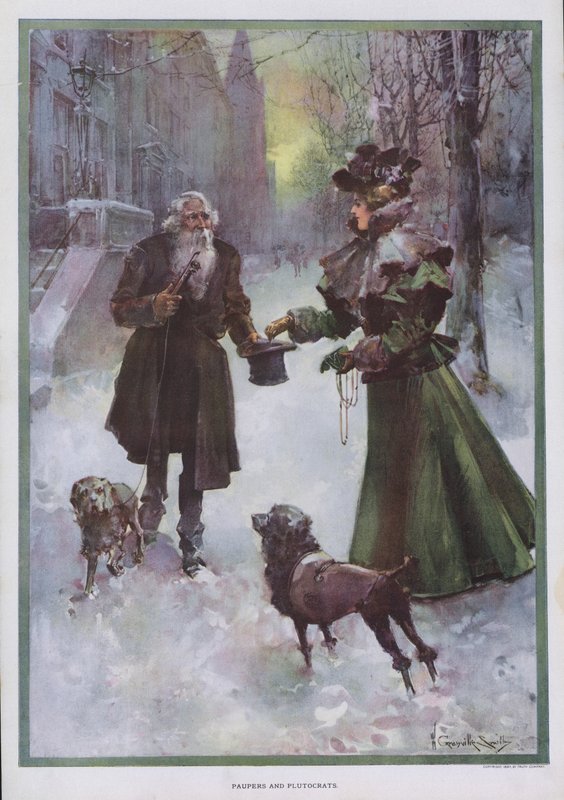 Paupers e Plutócratas: mulher rica dando dinheiro a um homem pobre em uma rua no inverno (cor litho) de Walter Granville Smith
