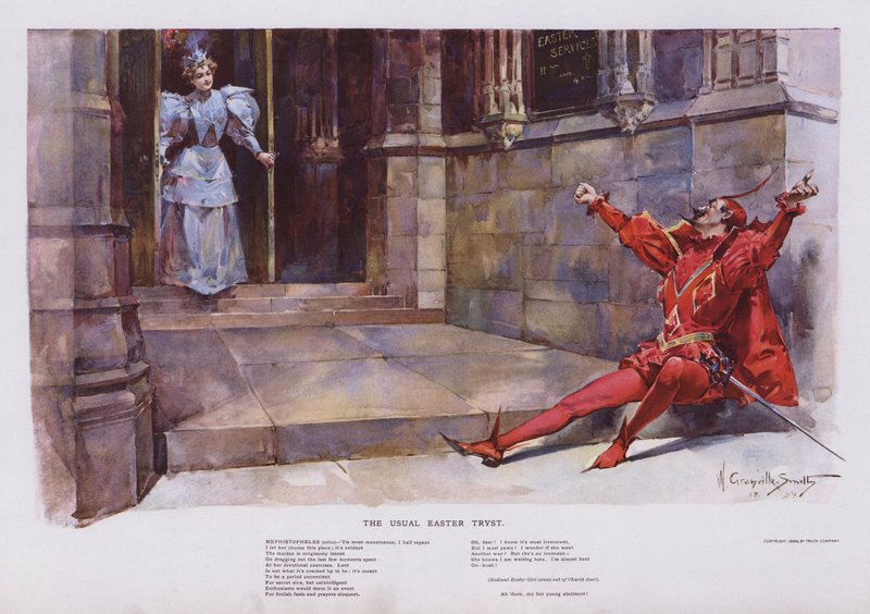O habitual Tryst da Páscoa: Mefistófeles à espera que uma menina saia de uma igreja (cor litho) de Walter Granville Smith