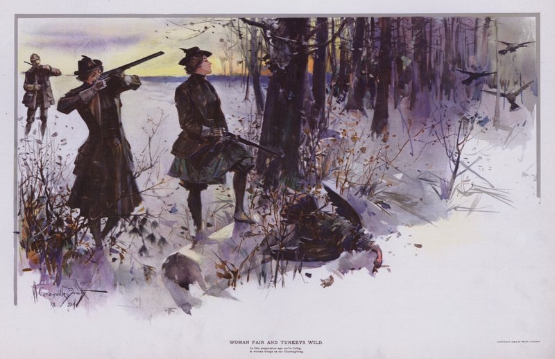 Woman Fair and Turkeys Wild: caçando perus selvagens (cor litho) de Walter Granville Smith