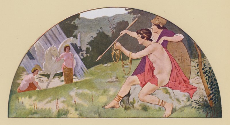 Belerofonte recebe de Minerva o cavalo alado Pégaso (litografia a cores) de Walter MacEwen