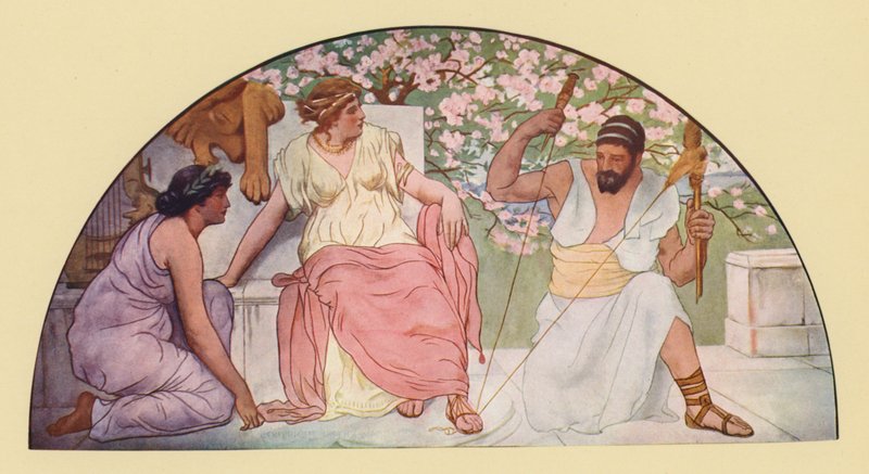 Hércules com o rolo de fiar para a rainha Omphale (litografia a cores) de Walter MacEwen