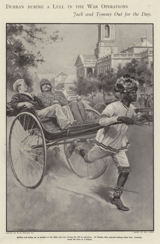 Marinheiro e soldado britânico a dar uma volta num riquixá pelas ruas de Durban durante uma calma na luta na Guerra da Boer (litho) de Walter Paget
