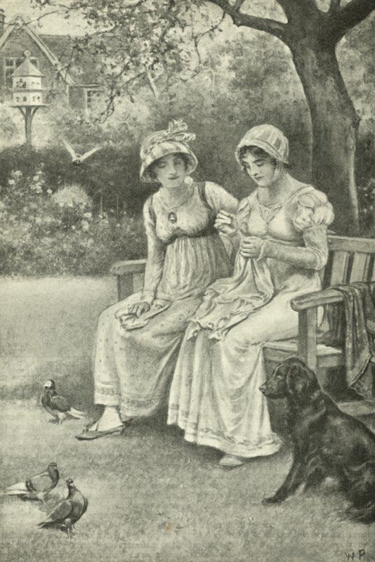Jane Austen, costura, com sua irmã Cassandra no Jardim da Reitoria (litho) de Walter Paget
