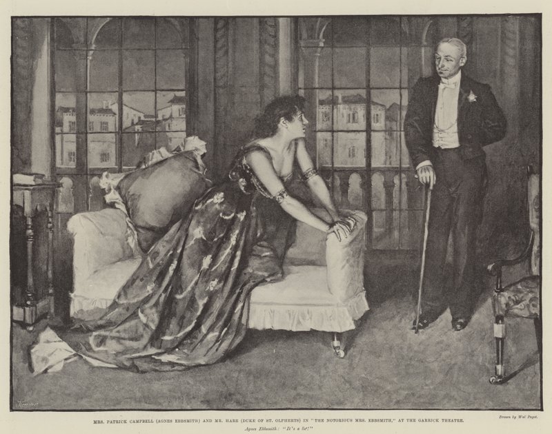 A Sra. Patrick Campbell (Agnes Ebbsmith) e o Sr. Hare (Duque de St. Olpherts) em The Notorious Mrs Ebbsmith, no Garrick Theatre de Walter Paget