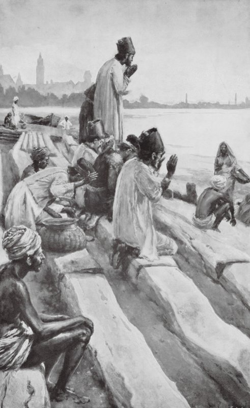 Parsis adorando o sol nascente na praia de Bombaim (litografia) de Walter Paget