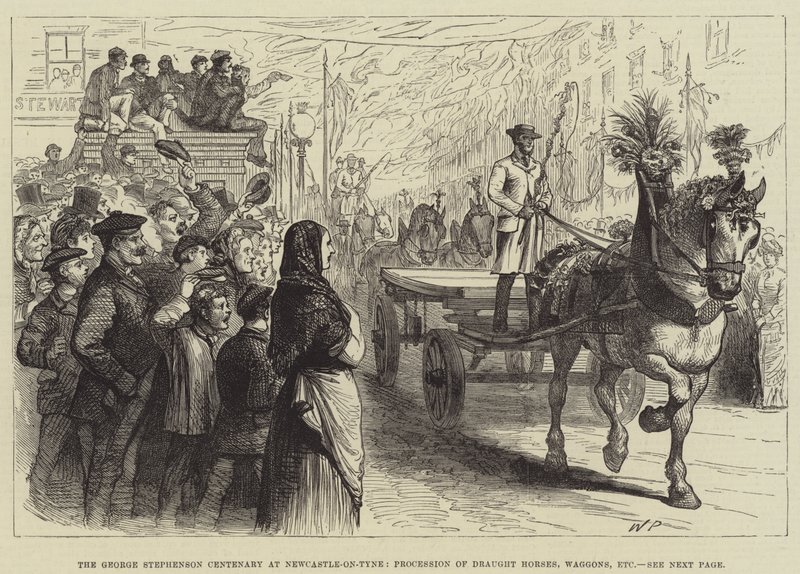 O centenário de George Stephenson em Newcastle-on-Tyne, procissão de cavalos de esboço, vagões, etc de Walter Paget