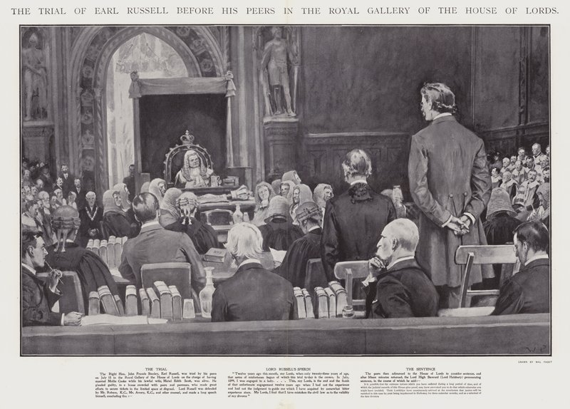 O julgamento de Earl Russell perante os seus pares na Galeria Real da Câmara dos Lordes, Westminster (litho) de Walter Paget