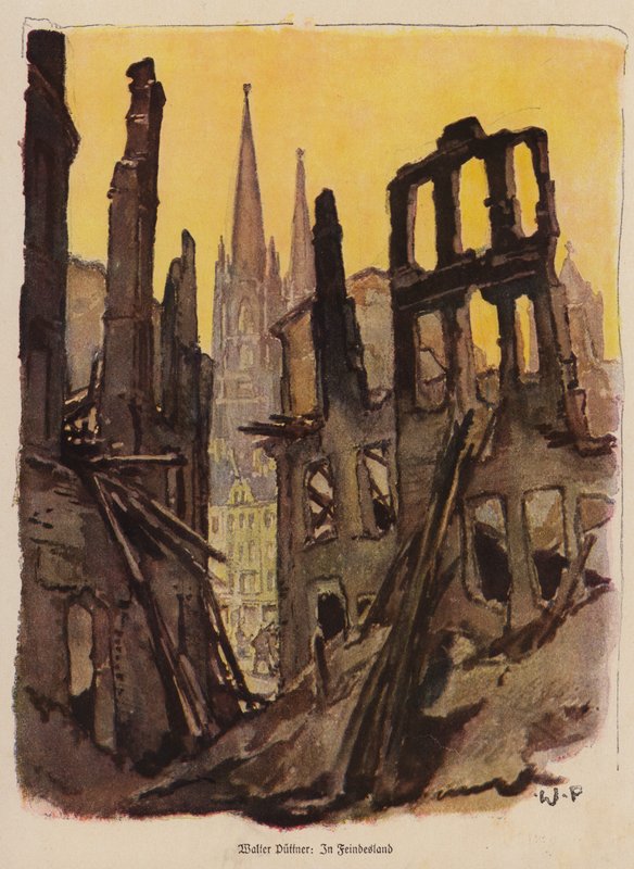 Cidade em ruínas, Primeira Guerra Mundial (litografia a cores) de Walter Puttner