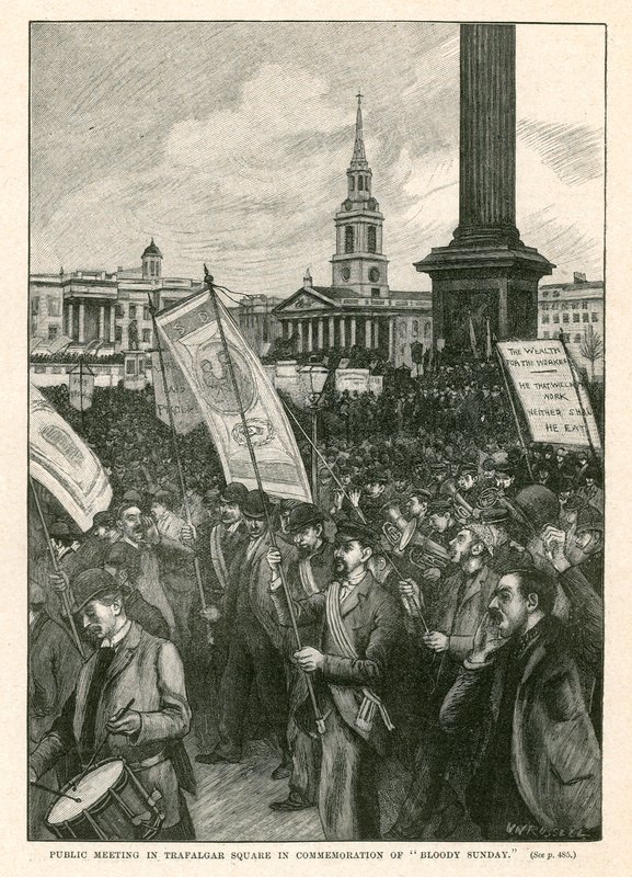 Reunião pública em Trafalgar Square em comemoração do Domingo Sangrento (gravura) de Walter Westley Russell