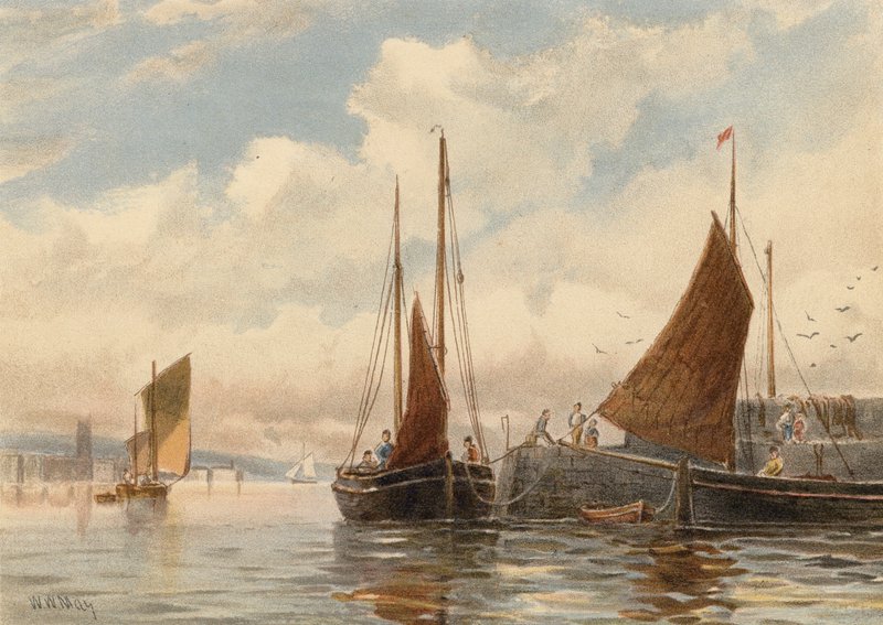 Penzance Luggers em Newlyn (litografia a cores) de Walter William May