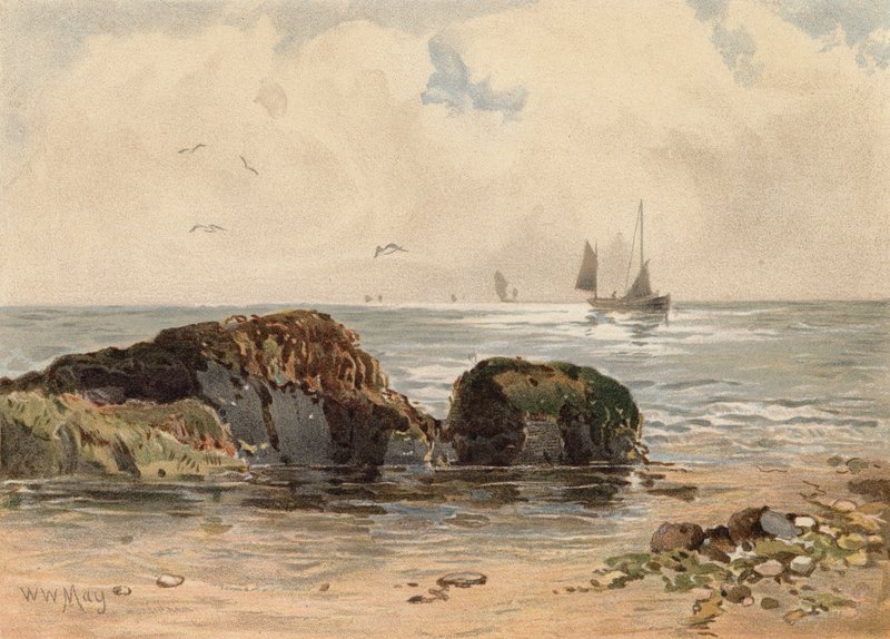 Rochas em águas baixas (litografia a cores) de Walter William May