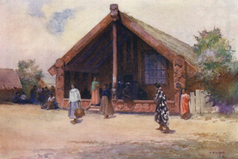 Nova Zelândia: Casa Esculpida, Ohinemutu (litografia a cores) de Walter Wright