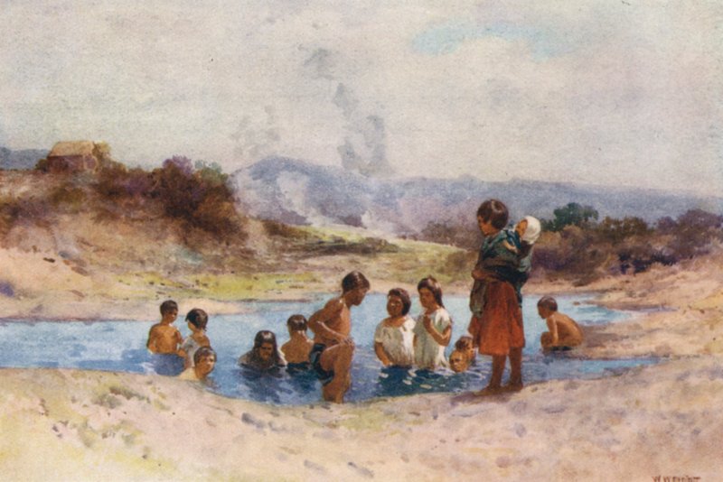 Nova Zelândia: Numa piscina quente (litografia a cores) de Walter Wright