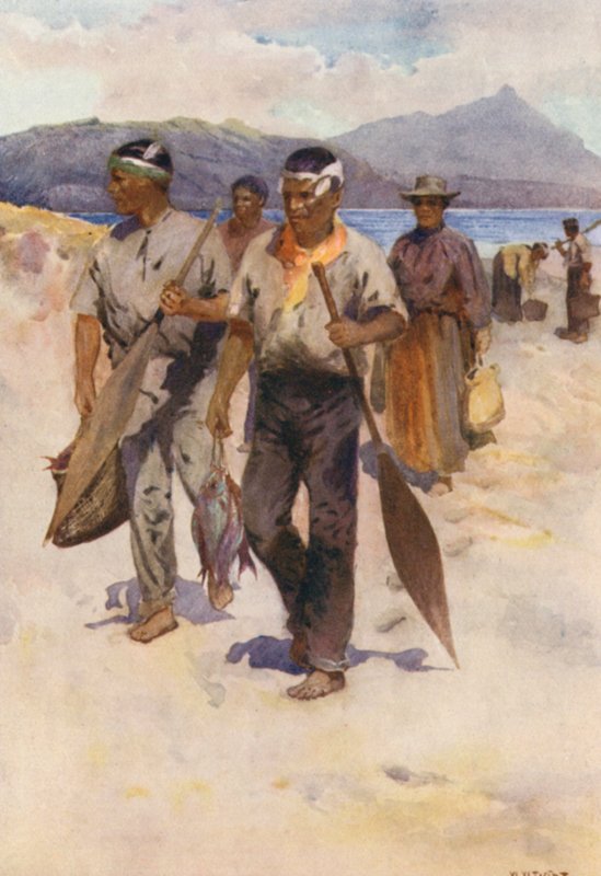 Nova Zelândia: Festa da Pesca Maori (litografia a cores) de Walter Wright