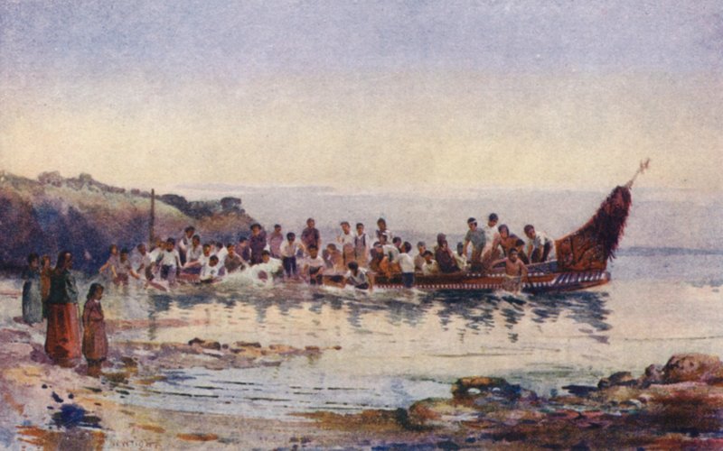 Nova Zelândia: O Regresso da Canoa de Guerra (litografia a cores) de Walter Wright