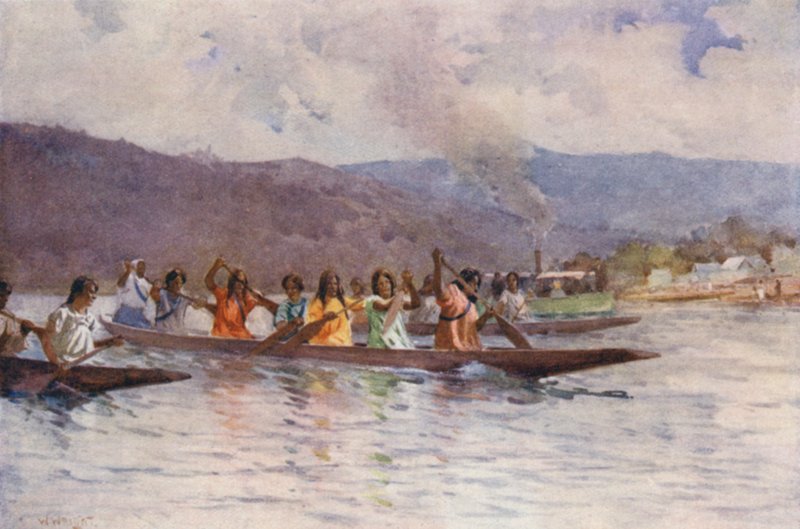Nova Zelândia: Corrida de canoa de Wahine no Waikato (litografia a cores) de Walter Wright