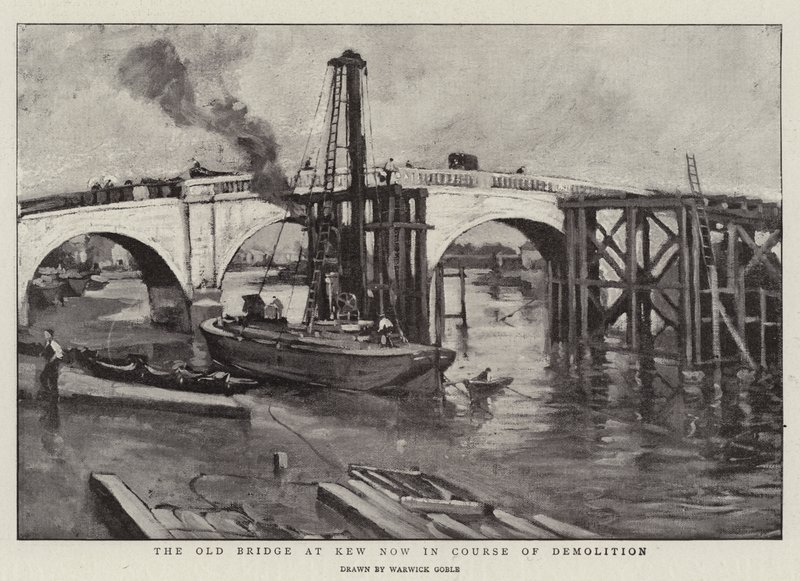 A ponte velha em Kew agora no curso da demolição de Warwick Goble
