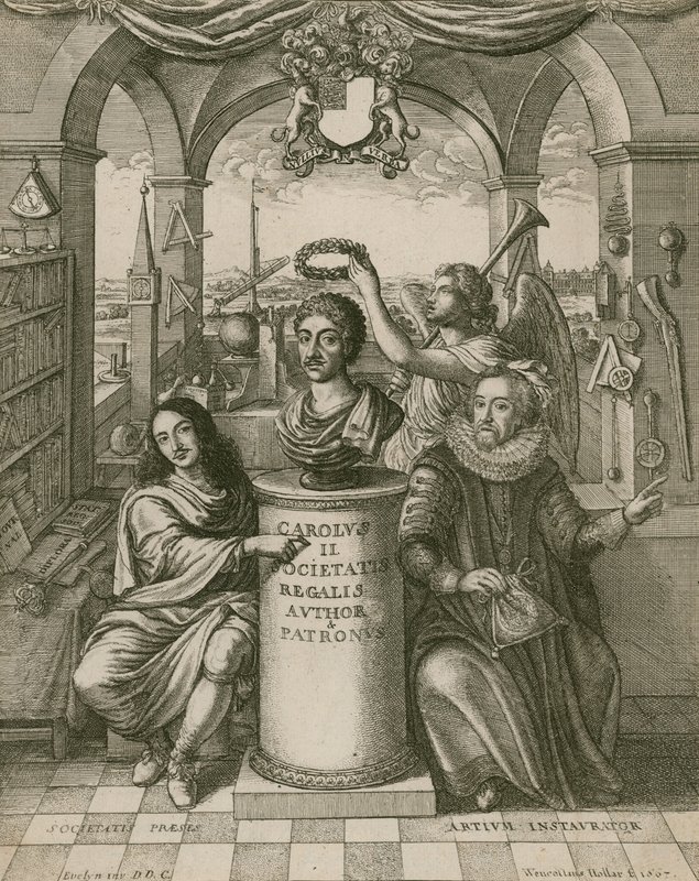 Busto de Charles II, com Lord Brouncker (à esquerda), o primeiro presidente da Royal Society, e Francis Bacon (à direita) de Wenceslaus Hollar