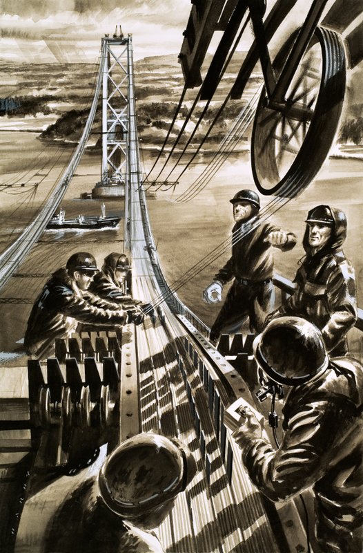 Construção da ponte sobre o Firth of Forth (guache sobre papel) de Wilf (20th century) Hardy