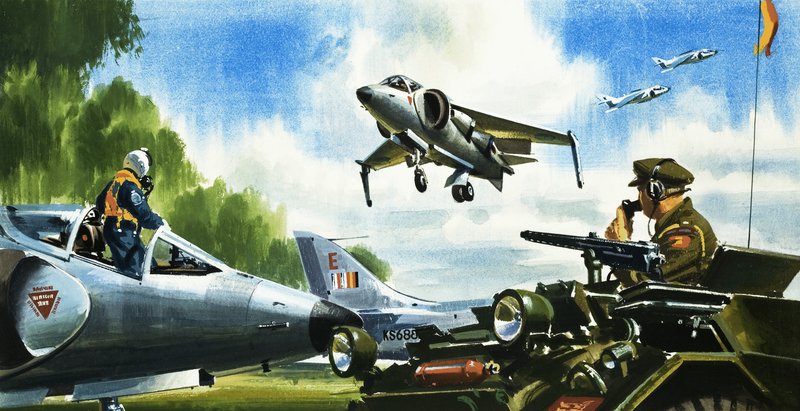 Olha, sem pista. As últimas novidades em matéria de aviões. O jato Harrier de Wilf (20th century) Hardy