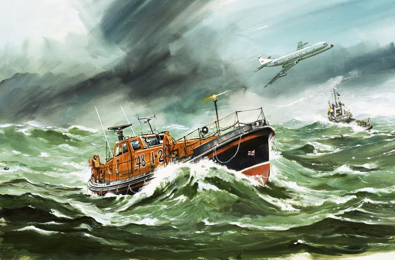 O barco salva-vidas Oakley da RNLI, de 15 metros, a caminho de um navio em dificuldades de Wilf (20th century) Hardy