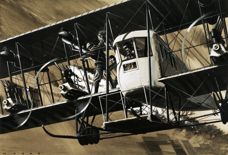 Dois tripulantes entre os fios e os suportes de um bombardeiro Ilia Mourometz II a apagar um incêndio no motor de Wilf (20th century) Hardy