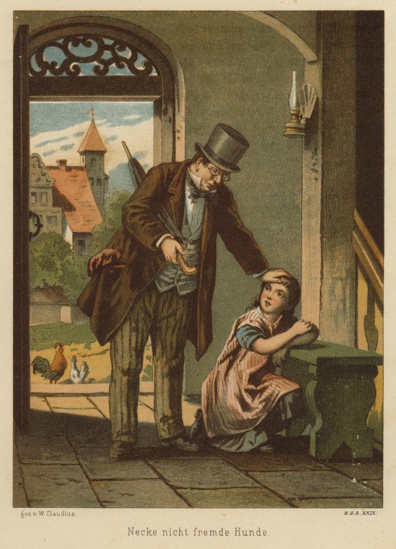 Pai consolando a filha depois que ela sofreu as consequências de provocar um cachorro (lito colorido) de Wilhelm Ludwig Heinrich Claudius
