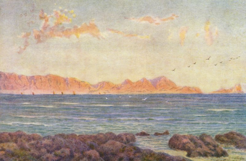 A parte sul da False Bay, com o Cabo Hangclip (litografia a cores) de Wilhelm Westhofen