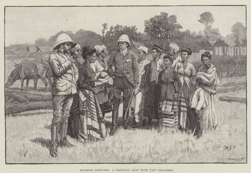 Esboços birmaneses, um bate-papo amigável com moradores de Yaw de William Barnes Wollen