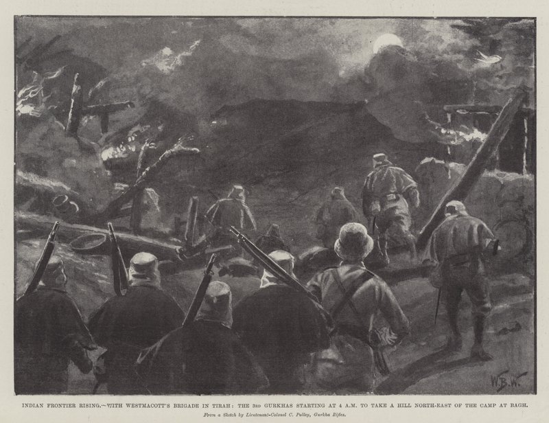 Indian Frontier Rising, com a Brigada Westmacott em Tirah, o terceiro Gurkhas a partir das 4 da manhã para pegar uma colina a nordeste do acampamento em Bagh de William Barnes Wollen