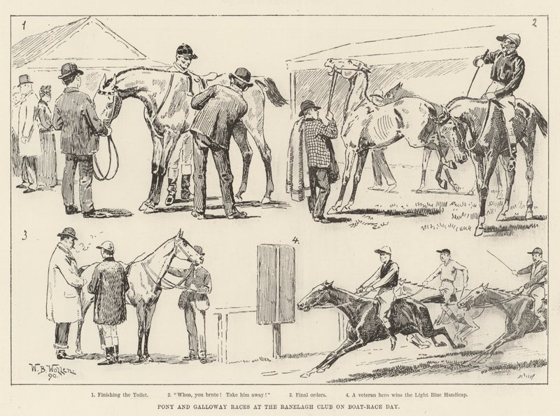 Pony e Galloway corridas no Ranelagh Club no dia da corrida de barcos de William Barnes Wollen