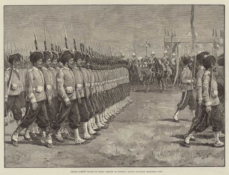 Príncipe Albert Victor na Índia, revisão em Poonah, infantaria nativa marchando passado de William Barnes Wollen